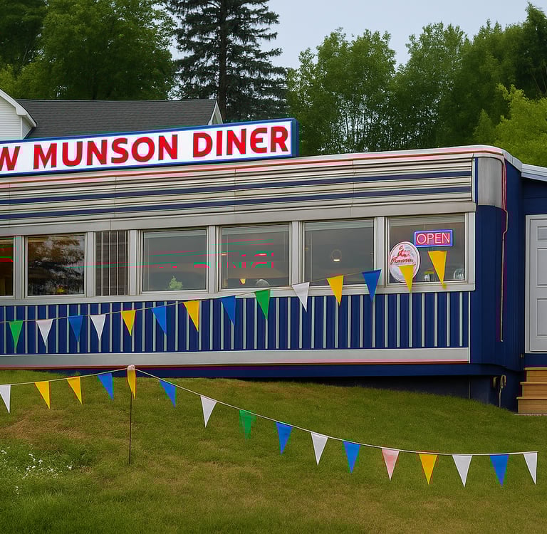 Restored 1940s silver diner car in Liberty, New York, with neon signs glowing at dusk, classic American cars parked outside, 