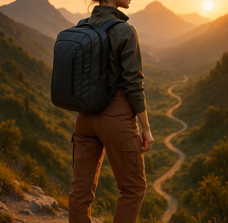 Stylish female backpacker at sunrise on a mountain overlook, wearing a modern travel backpack, trendy cargo pants, cropped ja