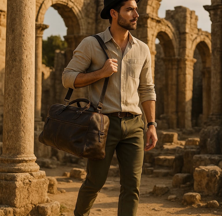A stylish male traveler explores ancient ruins under a soft, golden afternoon light.