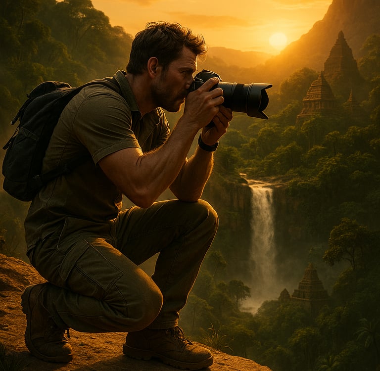 A rugged male traveler in his 30s, wearing a breathable tech shirt, cargo pants, and hiking boots, is crouched on a cliffside