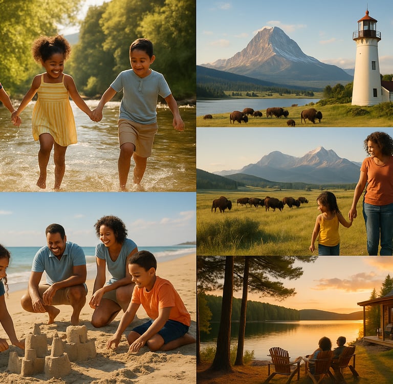 Diverse American family vacation scenes including a river swim, mountain wildlife, quiet beach, coastal lighthouse, and lakes