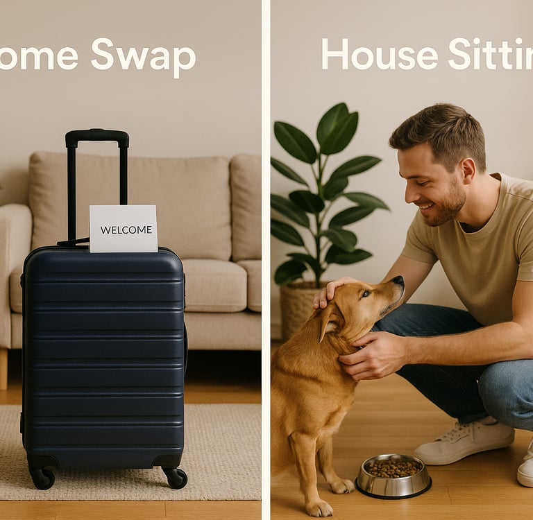 Split-screen showing the difference between home exchange and house sitting: one side features a suitcase in a clean living r