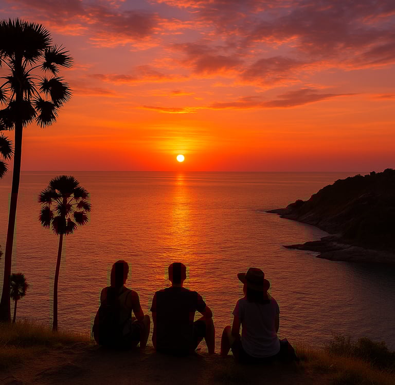Sunset at Promthep Cape in Phuket with vibrant sky colors, ocean views, and silhouetted palm trees along the rocky coastline