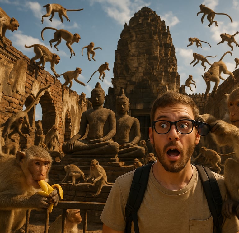 Playful monkeys climbing over ancient temple ruins in Lopburi, Thailand, with tourists watching and interacting in the lively