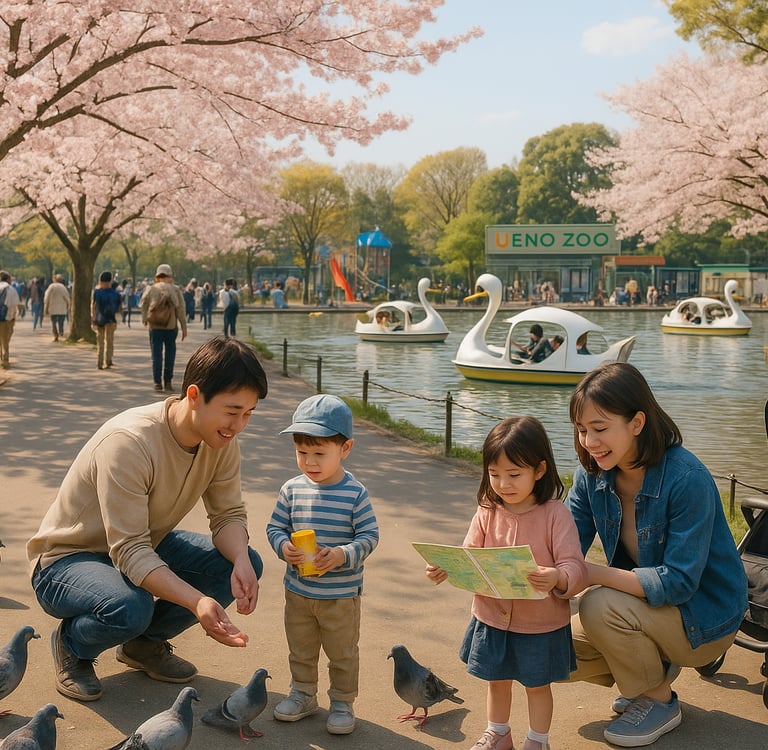 Family with young children enjoying cherry blossoms at Ueno Park in Tokyo, with a stroller nearby and kids watching swan boat