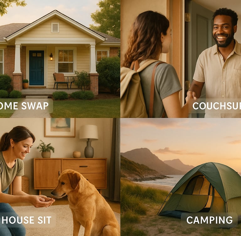 Alternative cheap accommodations including home swapping, Couchsurfing, house sitting, and camping for budget travelers