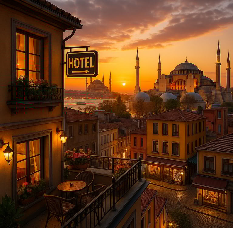 rooftop terrace of a boutique hotel in Istanbul, overlooking the Blue Mosque and Hagia Sophia at sunset, with cozy outdoor se