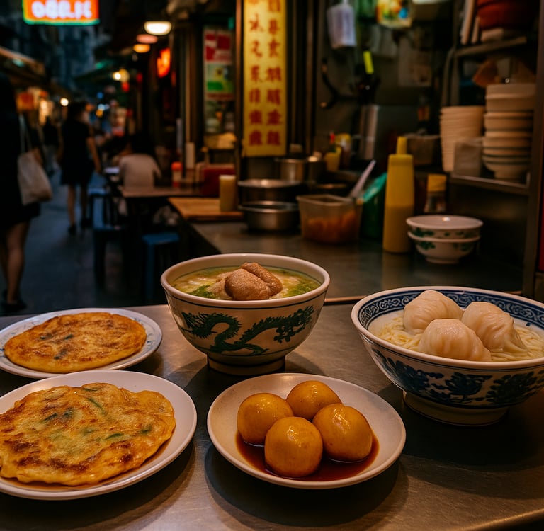 Assortment of authentic Hong Kong street food including dim sum, scallion pancakes, fish balls, and noodle soup displayed on
