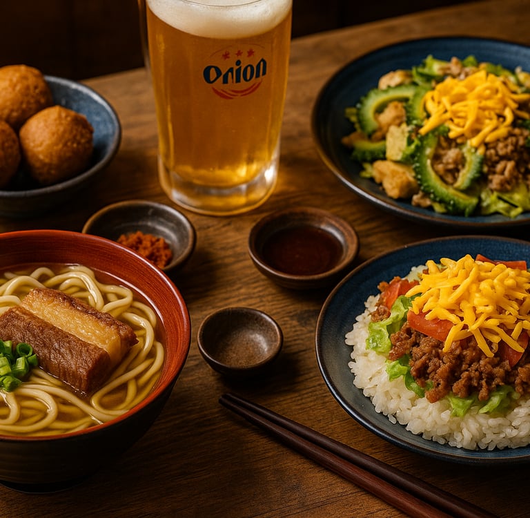 Traditional Okinawan dishes with soba, taco rice, goya champuru, sata andagi, and Orion beer on a wooden table.