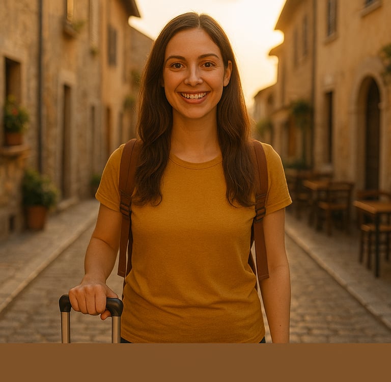 Young female traveler smiling confidently while standing on a cobblestone street at golden hour, wearing a backpack and holdi