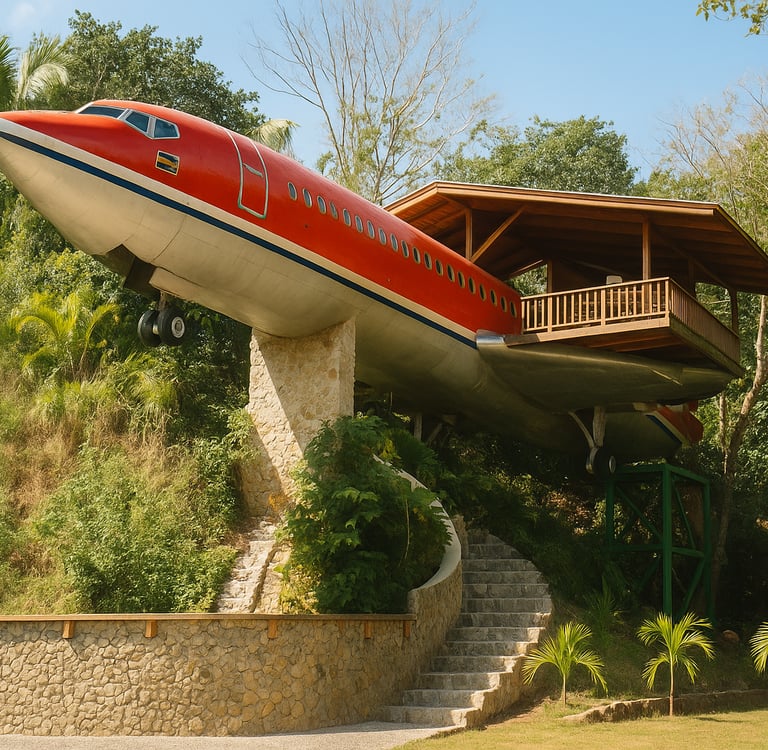image of a repurposed red airplane converted into a hotel suite, perched on a stone platform above a tropical jungle hillside