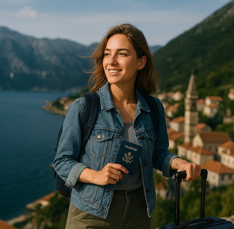 A young woman standing on a scenic hillside overlooking a coastal European village, smiling while holding a U.S. passport and