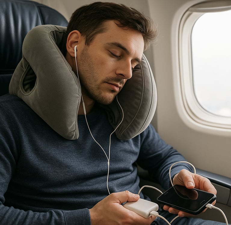 A young woman standing on a scenic hillside overlooking a coastal European village, smiling while holding a U.S. passport and