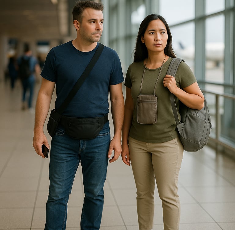 A travel-ready couple stands in a modern airport terminal. The man wears a navy t-shirt, jeans, and a black crossbody bag wit