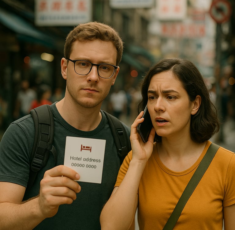 Two travelers stand on a busy city street. The man, wearing glasses and a dark green shirt with a backpack, holds up a hotel 