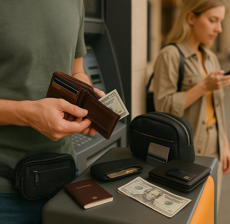 A man stands at an indoor ATM holding an open brown wallet with visible cash and cards. A black money pouch is strapped aroun