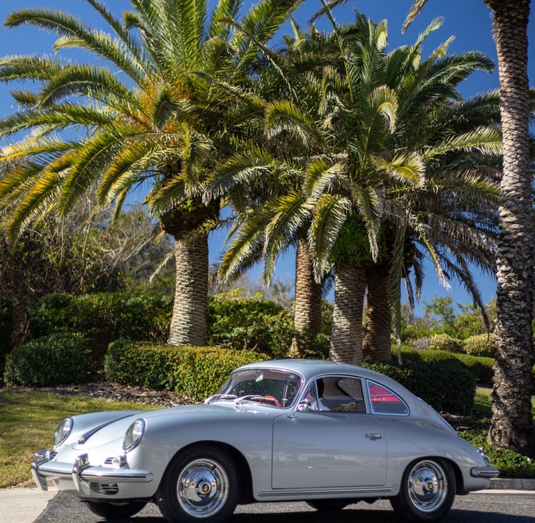 A 1960 Porsche 356B Super 90 with a pre-production sunroof option at Amelia Island Concours.