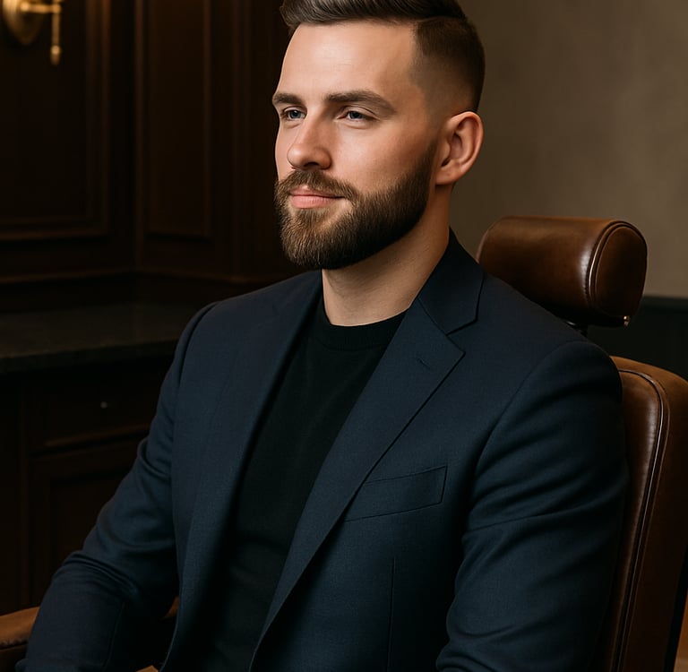 Homem elegante com cabelo degradê e barba perfeitamente aparada, sentado confortavelmente em uma cadeira de barbearia premium