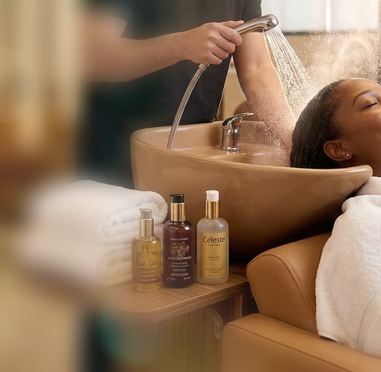 Cliente relaxando no lavatório durante o protocolo de coloração premium no We Hall Beauty.