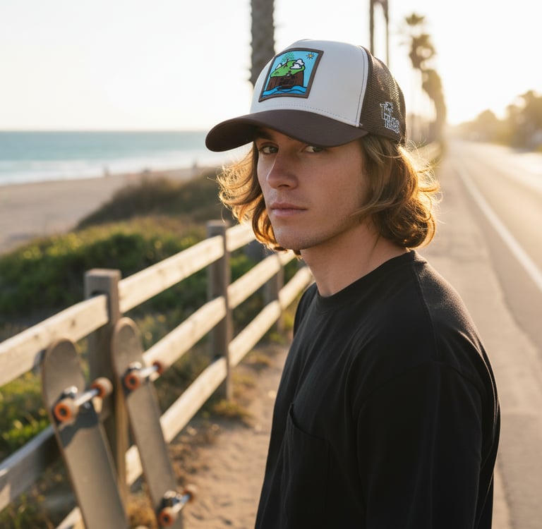 A young man with long hair wearing a custom trucker hat standing by skateboards at a sunny beach.