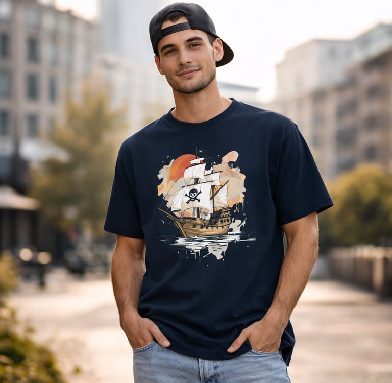 A man wearing a navy blue graphic t-shirt featuring a pirate ship illustration in a city setting.