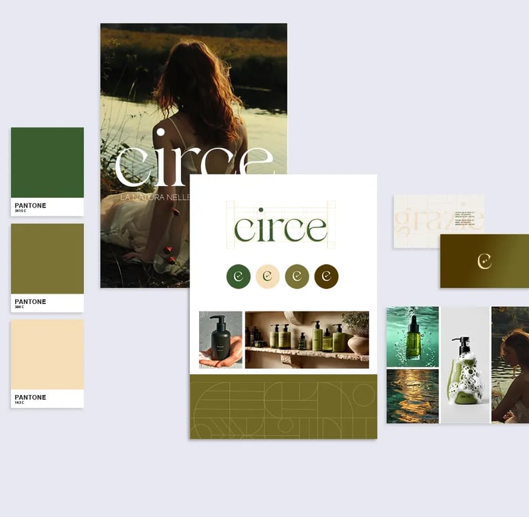 Moodboard brand cosmetico Circe per identità visiva coordinata.