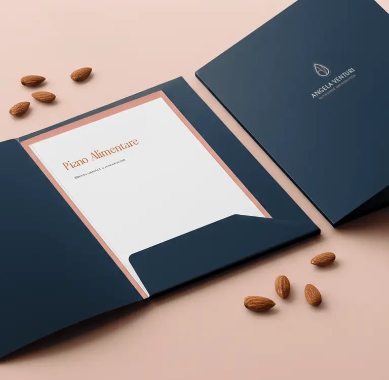 Cartellina blu per nutrizionista con piano alimentare personalizzato.