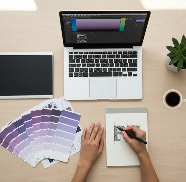 Postazione studio branding con palette colori e disegno logo.