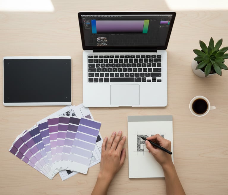 Scrivania di una graphic designer che lavora a una brand identity con palette colori, laptop e bozze