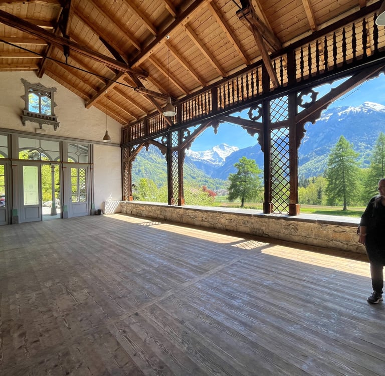 The inside of the Trinkhalle at Kleiner Rugen with views of Jungfrau and the Alps