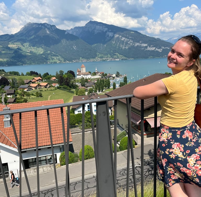 Corinne from Hidden Switzerland Travel looking out over Spiez