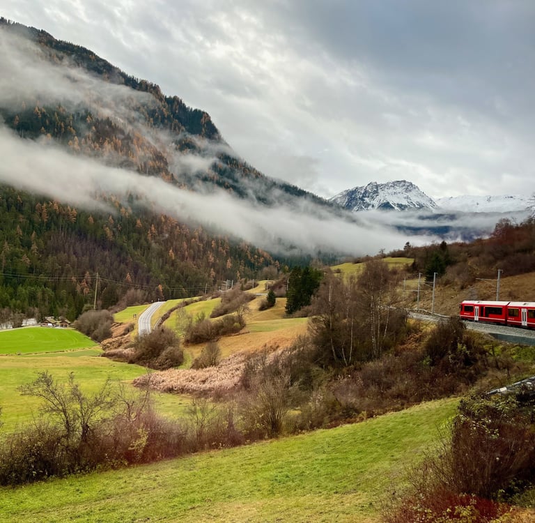 Mysterious view of the Albula-Bernina railway line in Switzerland