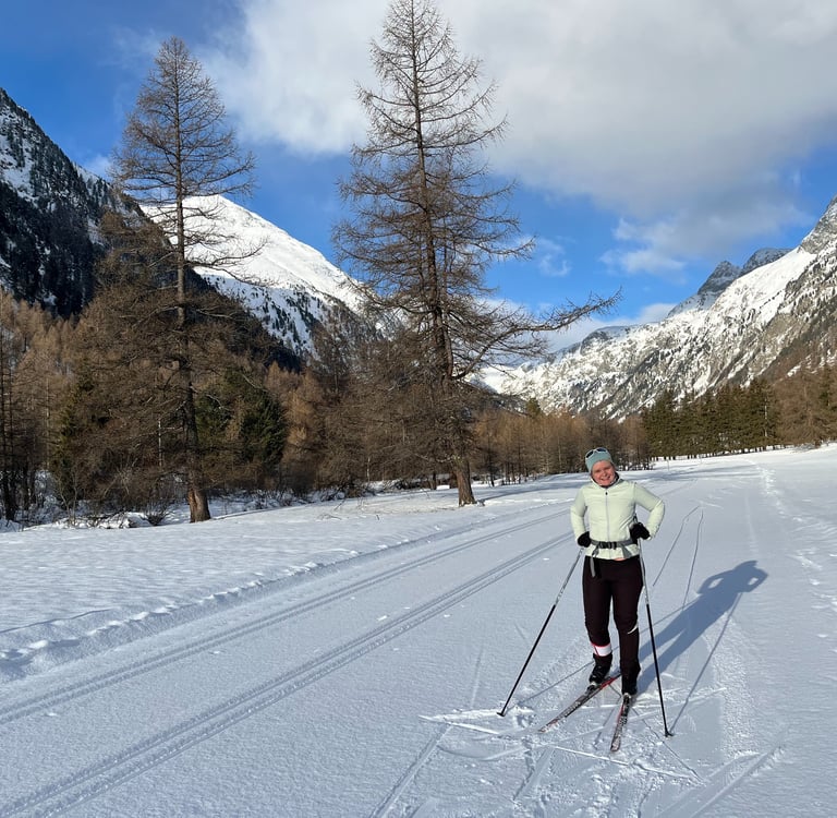 Corinne from Hidden Switzerland Travel on the ski tracks between Spinas and Bever Switzerland