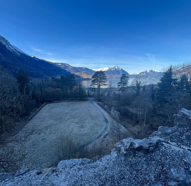 View looking at Lake Thun and Niesen from the top of the tower at Ruine Weissenau in Interlaken
