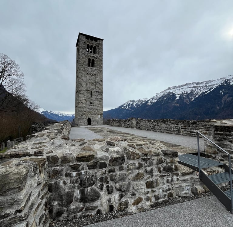 Looking up at the tower of Kirchenruine Goldswil in Interlaken Switzerland