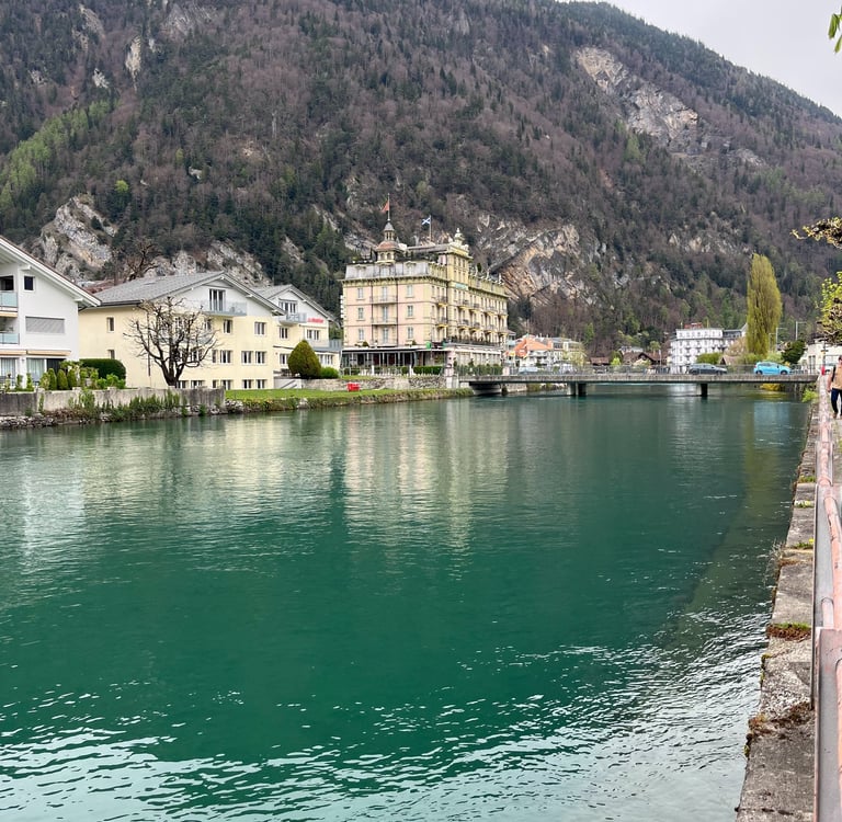 View looking up the Aare river into Interlaken Switzerland.
