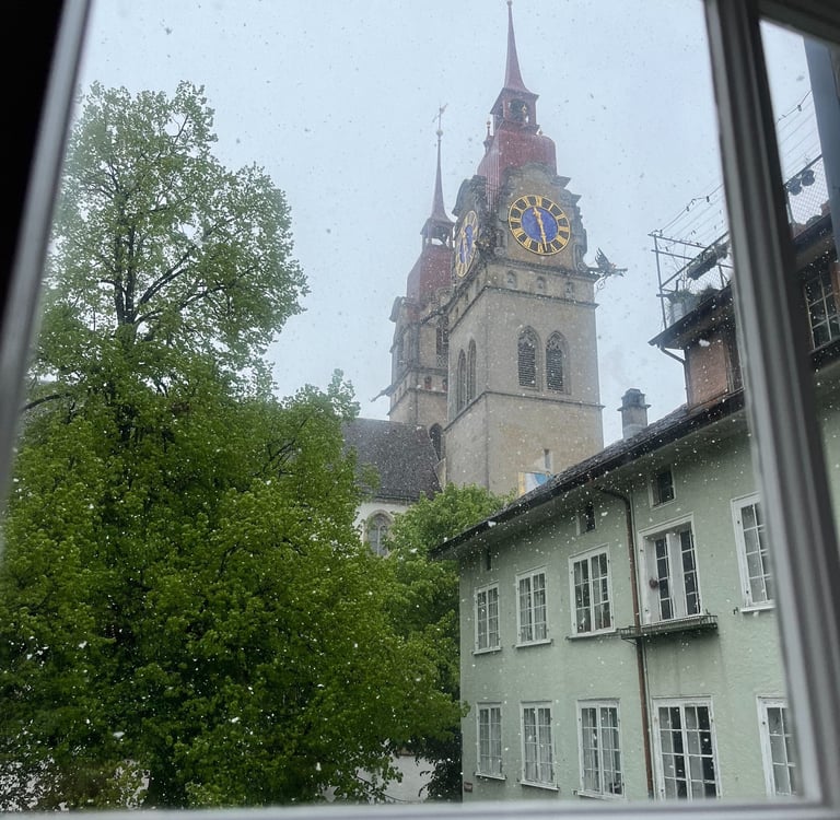 Looking out at the bell towers of the Winterthur Stadtkirche