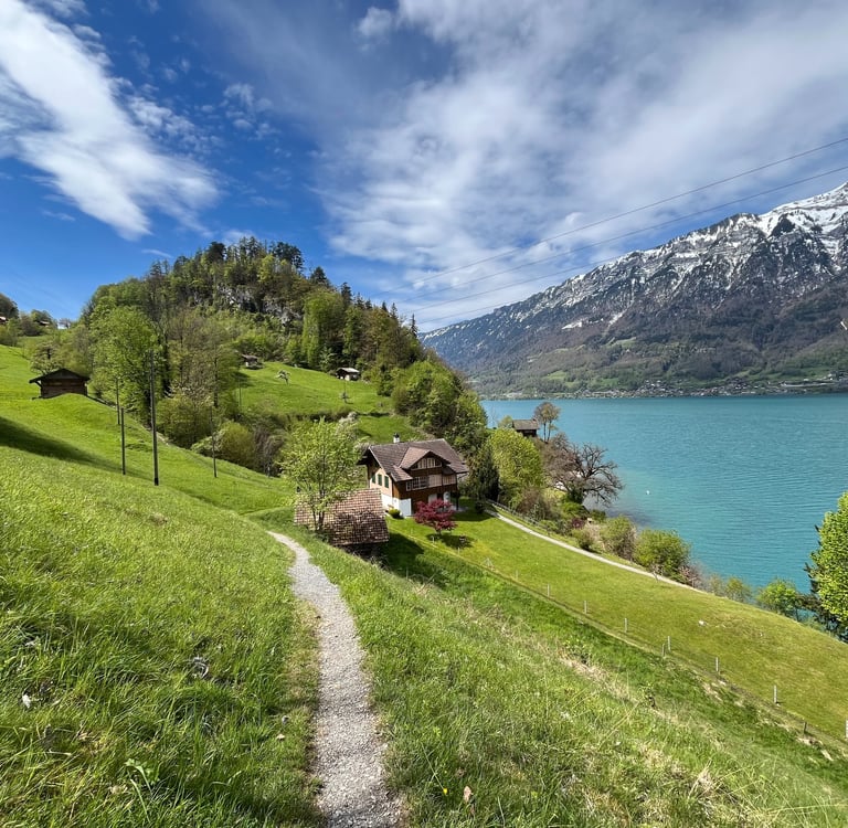 Looking out on the turquoise blue waters of Lake Brienz outside of Iseltwald in Switzerland