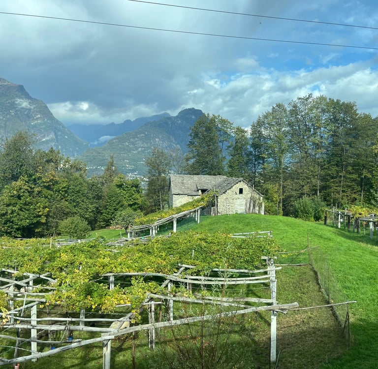 Old stone houses on the route of the panorama train from Domodossola to Locarno  