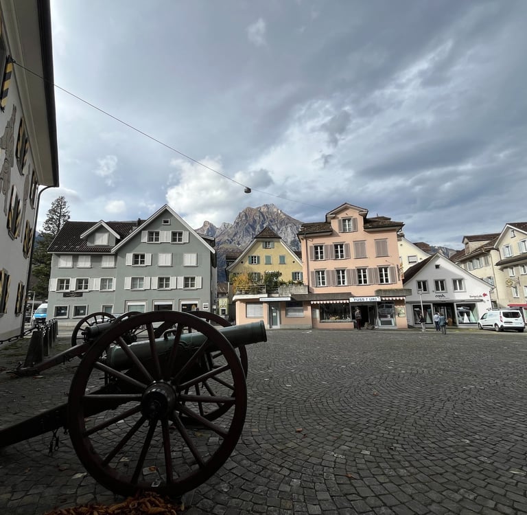 Looking up at the Alps from the center of Altdorf