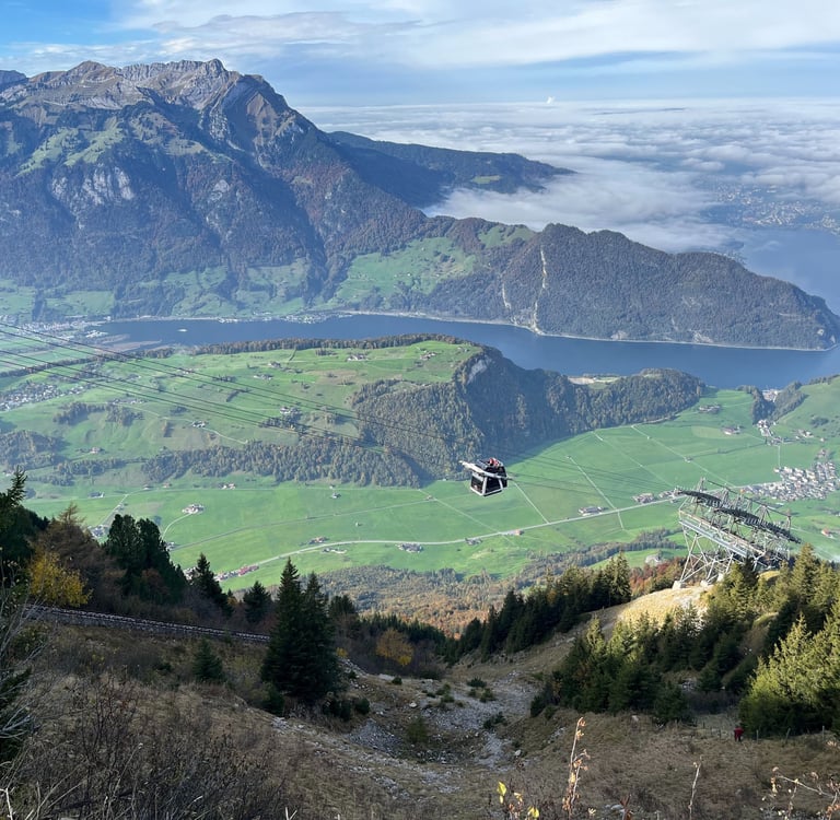 The Cabrio on its way up to Stanserhorn with Pilatus in the background