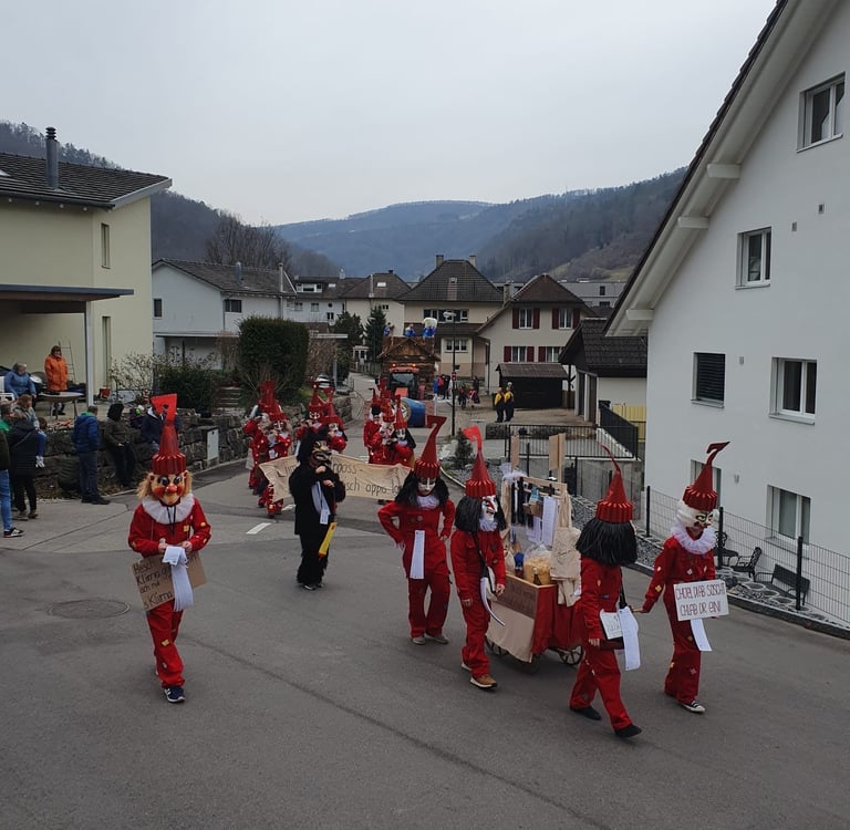 A parade with participants in costume at Oberdorf Switzerland's Fastnacht