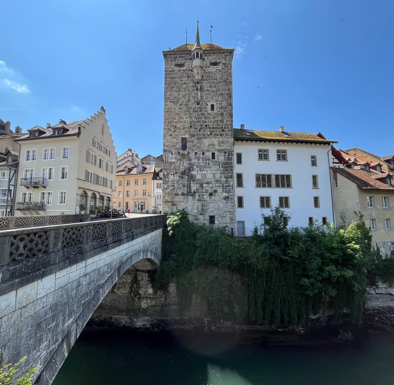 Black tower and bridge over the Aare