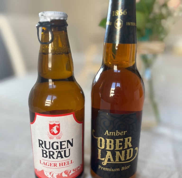 two beer bottles with beer from Rugenbrau Brewery in Interlaken Switzerland
