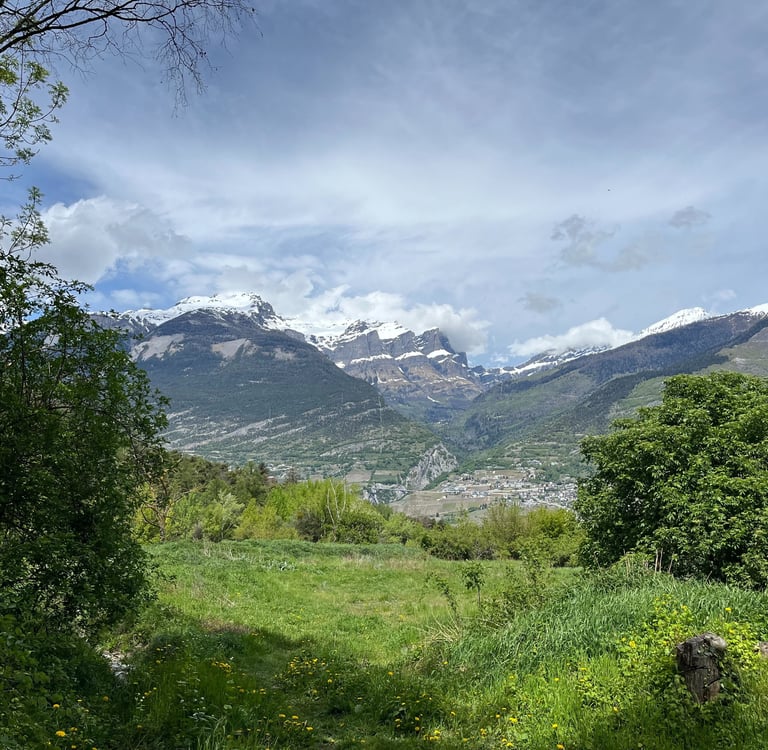 View of Leuk, the Dala Gorge, and Gemmi Pass from the Pfynwald in Switzerland's Canton of Valais