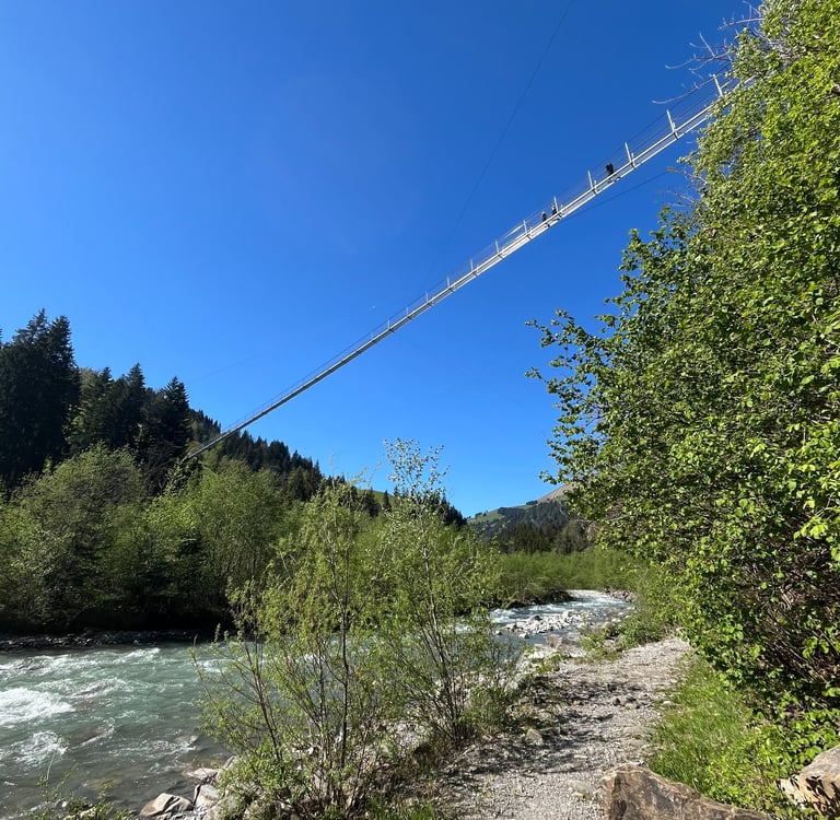 Looking up at Hangebrucke Hostalde over the Entschlige River in Frutigen Switzerland