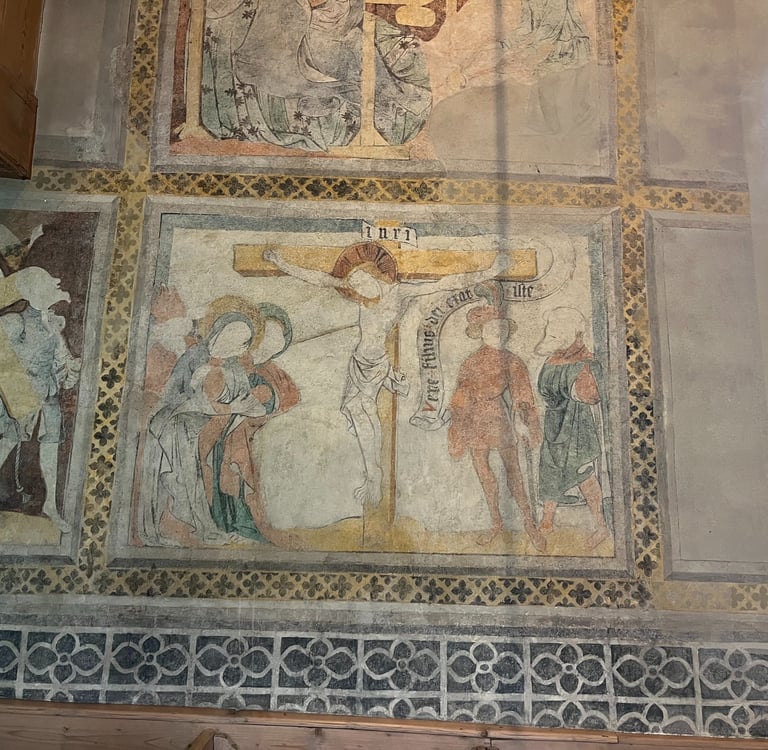 Swiss onlookers at the crucifixion of Jesus as seen in the church in Erlenbach im Simmental