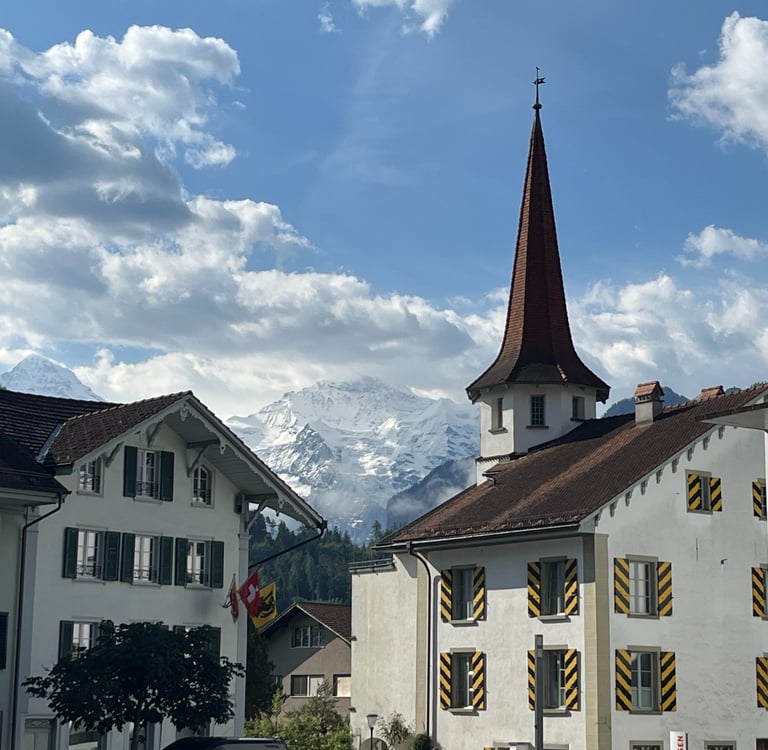 Jungfrau behind Schloss Unterseen in Interlaken Switzerland