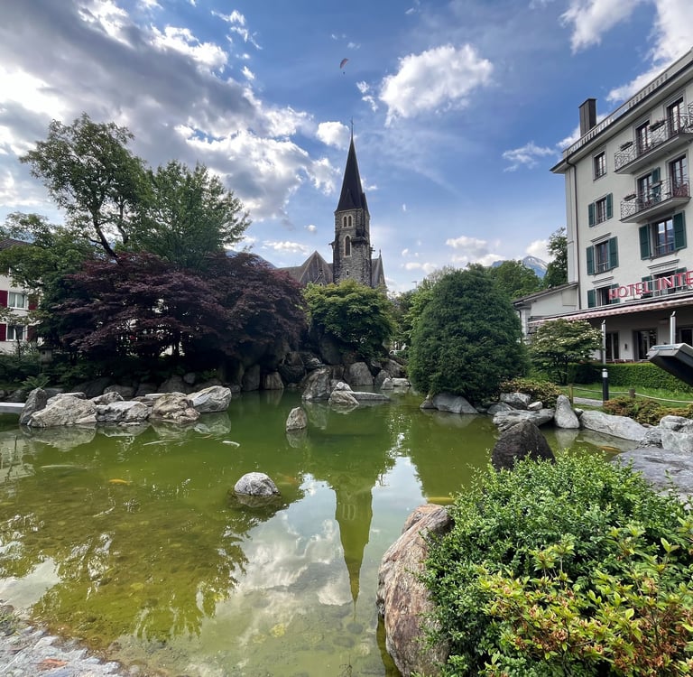 The Japanese Garden in Interlaken next to Hotel Interlaken and St. Joseph's Church