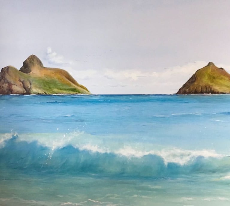 Hand-painted mural of two Hawaiian islands, turquoise ocean, a sailboat and a breaking wave.
